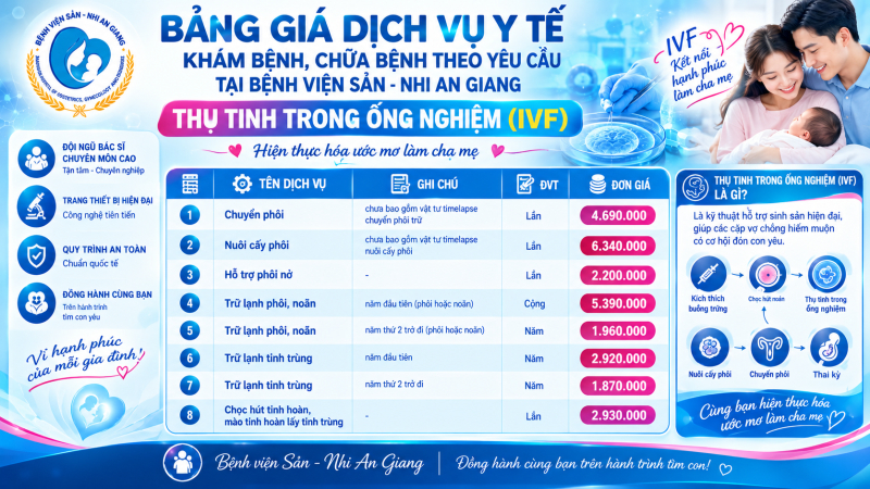bang gia dich vu y te kham benh chua benh theo yeu cau tai benh vien san   nhi an giang  thu tinh trong ong nghiem  ivf