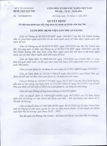 quyet dinh ban hanh quy che cong khai tai chinh tai benh vien san nhi