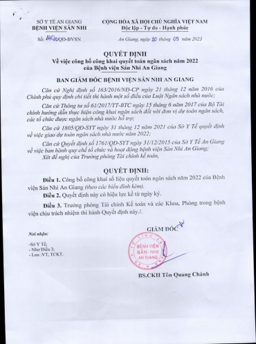 quyet dinh ve viec cong khai quyet toan ngan sach nam 2022 cua benh vien san nhi