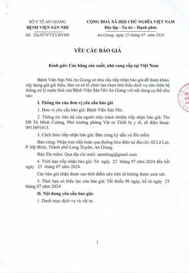 yeu cau bao gia goi thau dich vu sua chua he thong xu ly nuoc thai cua benh vien san nhi an giang
