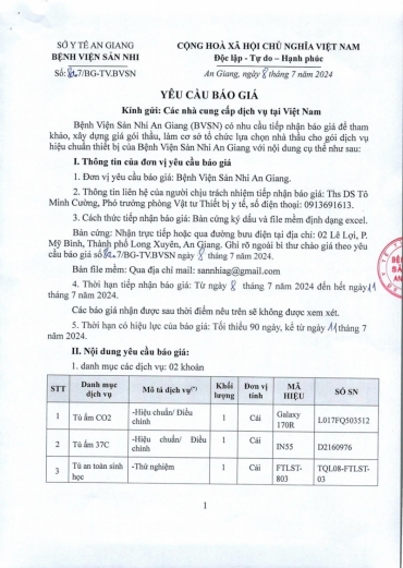 yeu cau bao gia goi thau hieu chuan thiet bi cua benh vien san nhi an giang
