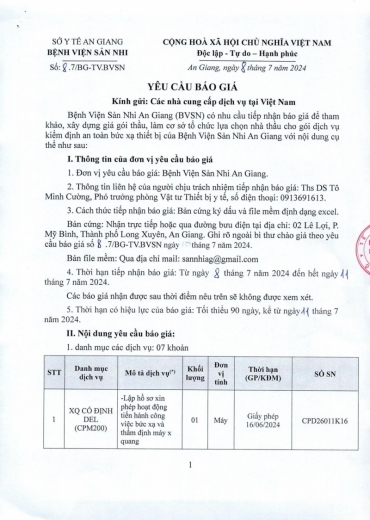 yeu cau bao gia goi thau kiem dinh an toan buc xa thiet bi cua benh vien san nhi an giang