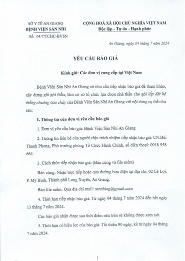 yeu cau bao gia goi thau lap dat he thong chuong bao chay cua benh vien san nhi an giang