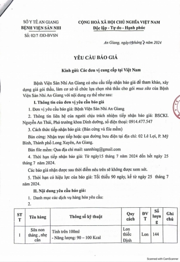 yeu cau bao gia goi thau mua sua cua benh vien san nhi an giang