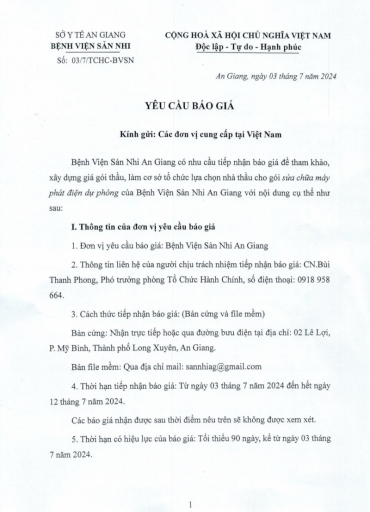 yeu cau bao gia goi thau sua chua may phat dien du phong cua benh vien san nhi an giang