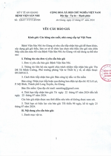 yeu cau bao gia goi thau sua chua may sieu am mau 4d cua benh vien san nhi an giang