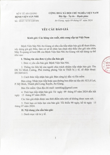 yeu cau bao gia goi thau sua chua may x  quang so hoa dr cua benh vien san nhi an giang