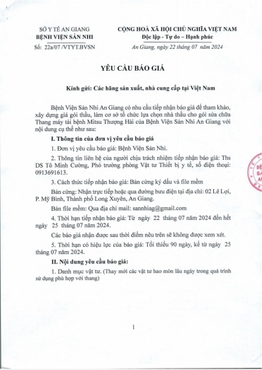 yeu cau bao gia goi thau sua chua thang may tai mitsu thuong hai cua benh vien san nhi an giang