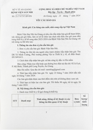 yeu cau bao gia goi thau trang thiet bi y te bo sung nam 2023 2024 cua benh vien san nhi an giang