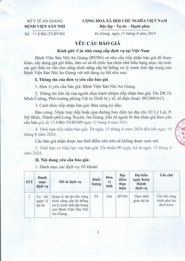 yeu cau bao gia goi thau tu van cho cong trinh nang cap he thong xu ly nuoc thai tap trung cua benh vien san nhi an giang