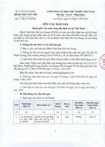 yeu cau bao gia goi thau tu van mua sam vat tu y te cua benh vien san nhi an giang