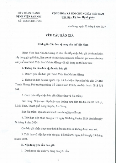 yeu cau bao gia lua chon nha thau cho goi thau mua sam boc rac y te cua benh vien san nhi an giang